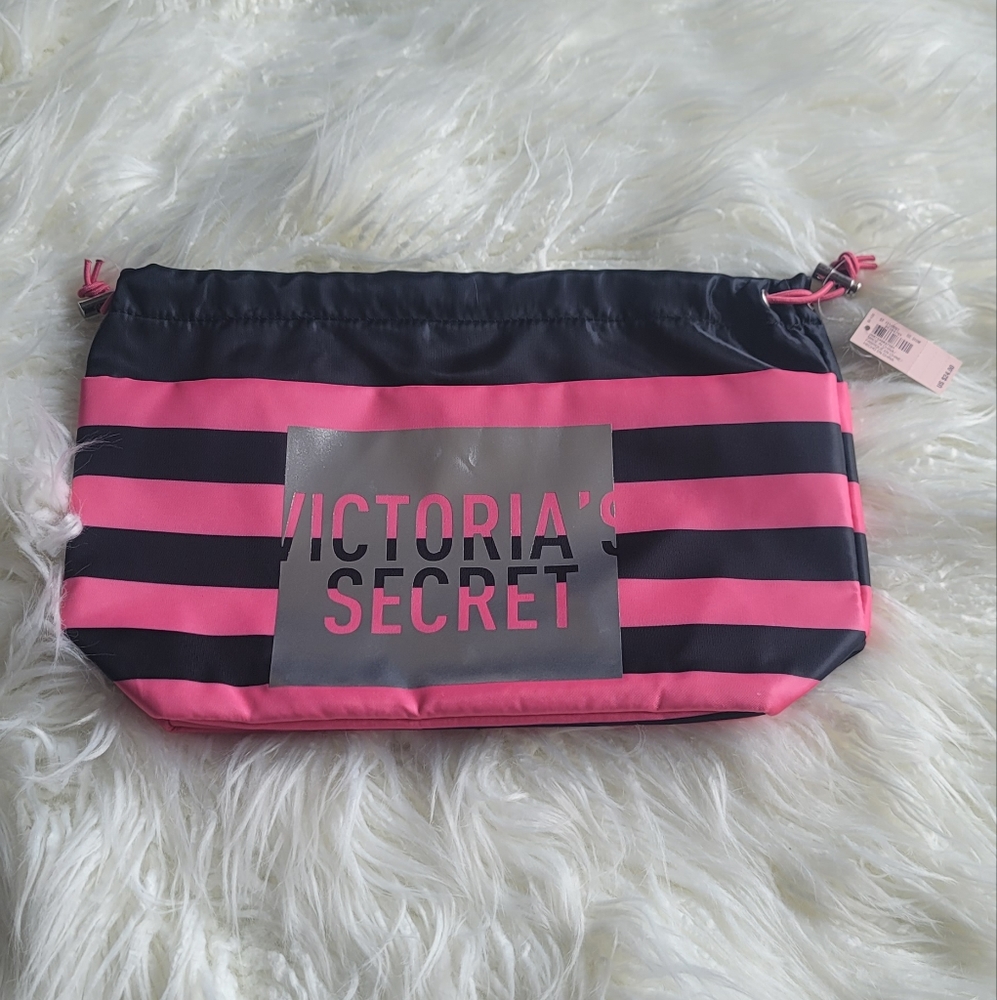 NWT Pink Black Striped Victoria's Secret Beauty Bag